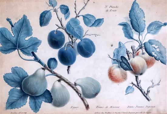 Francois Roubillac (1702-1762). A set of four framed coloured engravings of fruits 7.5 x 11.5in.